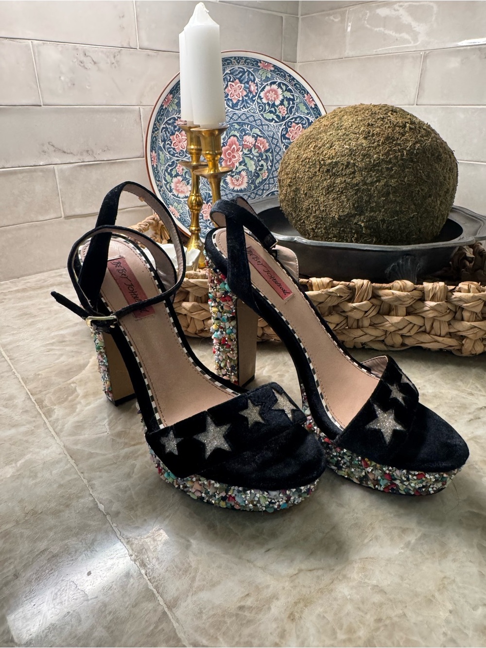 Betsey Johnson Black Velvet Star Platform Heels Crystal Embellished